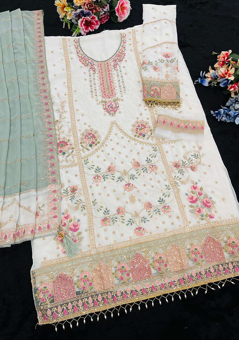 Sky Blue Embroidery Georgette Kurta Set - Indya