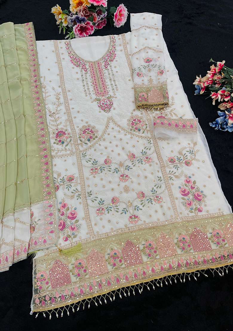 Pista Embroidery Georgette Kurta Set - Indya