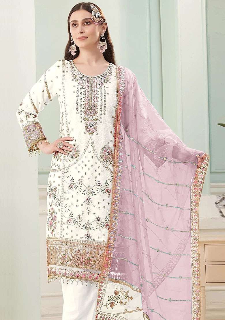 Pink Embroidery Georgette Kurta Set - Indya