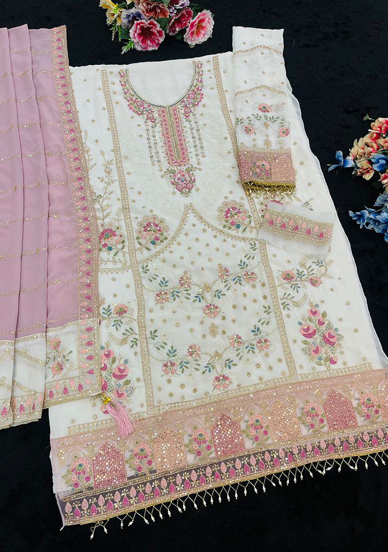 Pink Embroidery Georgette Kurta Set - Indya