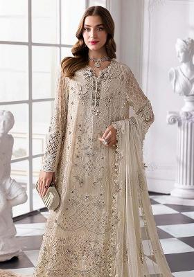 Cream Embroidery Georgette Kurta Set