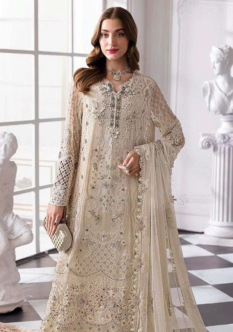 Cream Embroidery Georgette Kurta Set - Indya