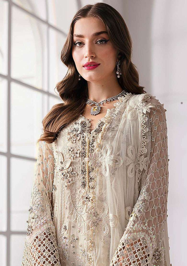 Cream Embroidery Georgette Kurta Set - Indya