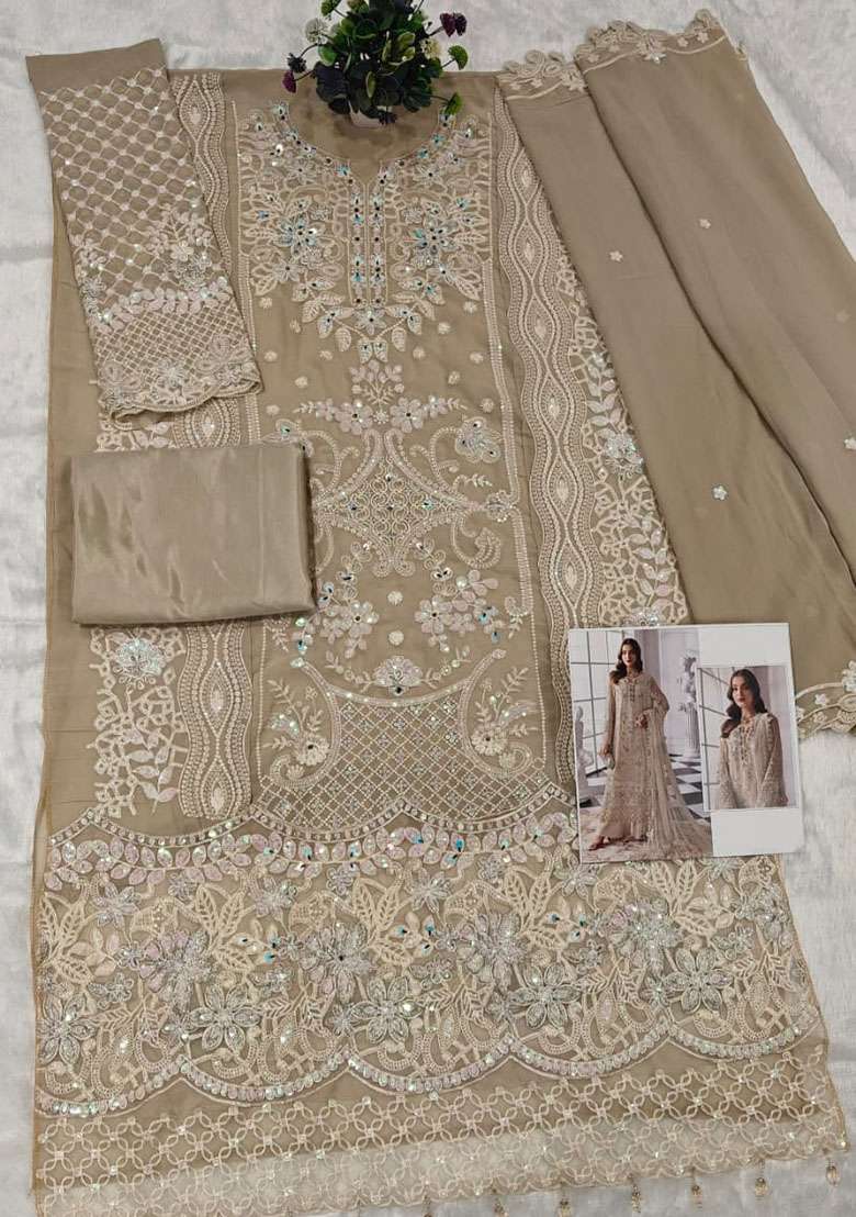 Cream Embroidery Georgette Kurta Set - Indya