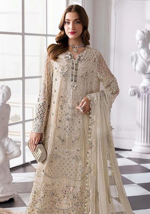 Cream Embroidery Georgette Kurta Set