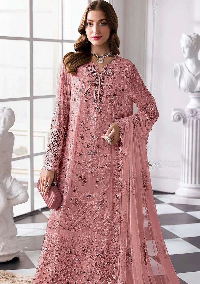 Baby Pink Embroidery Georgette Kurta Set - Indya