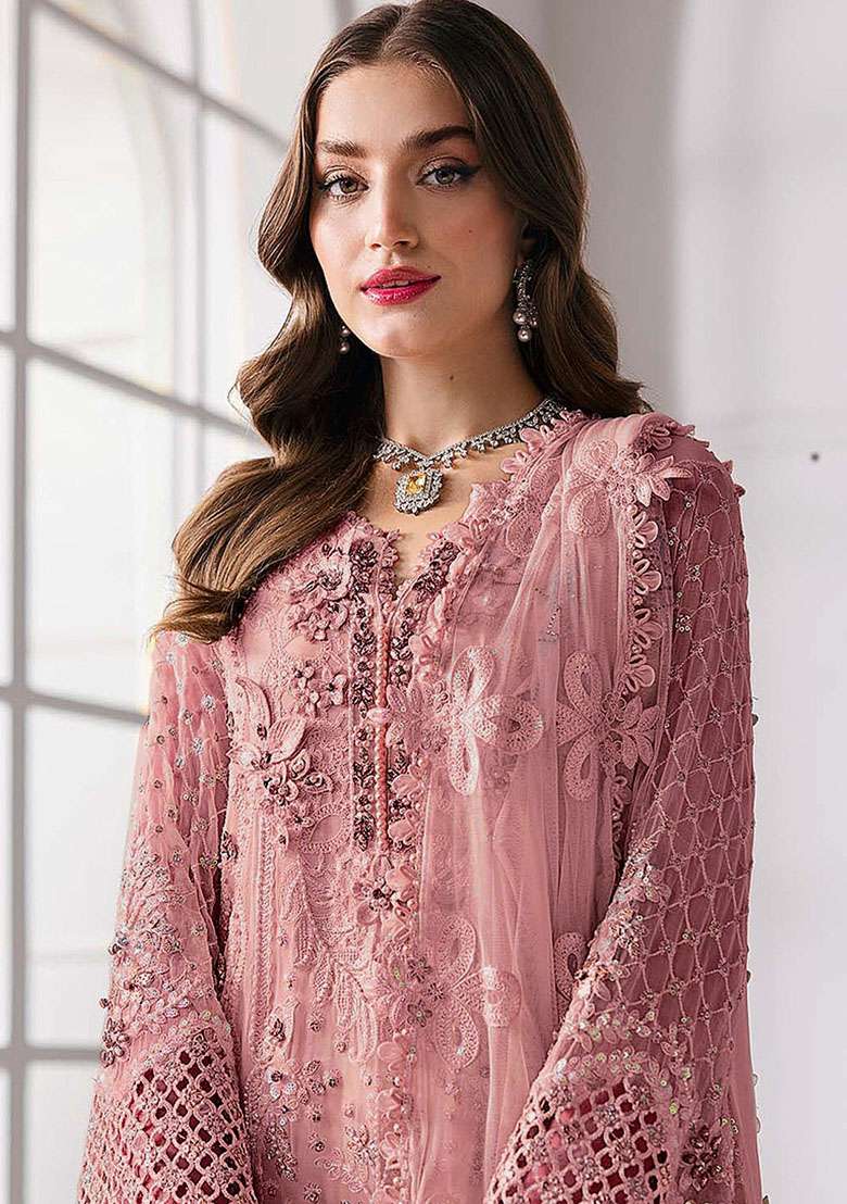 Baby Pink Embroidery Georgette Kurta Set - Indya