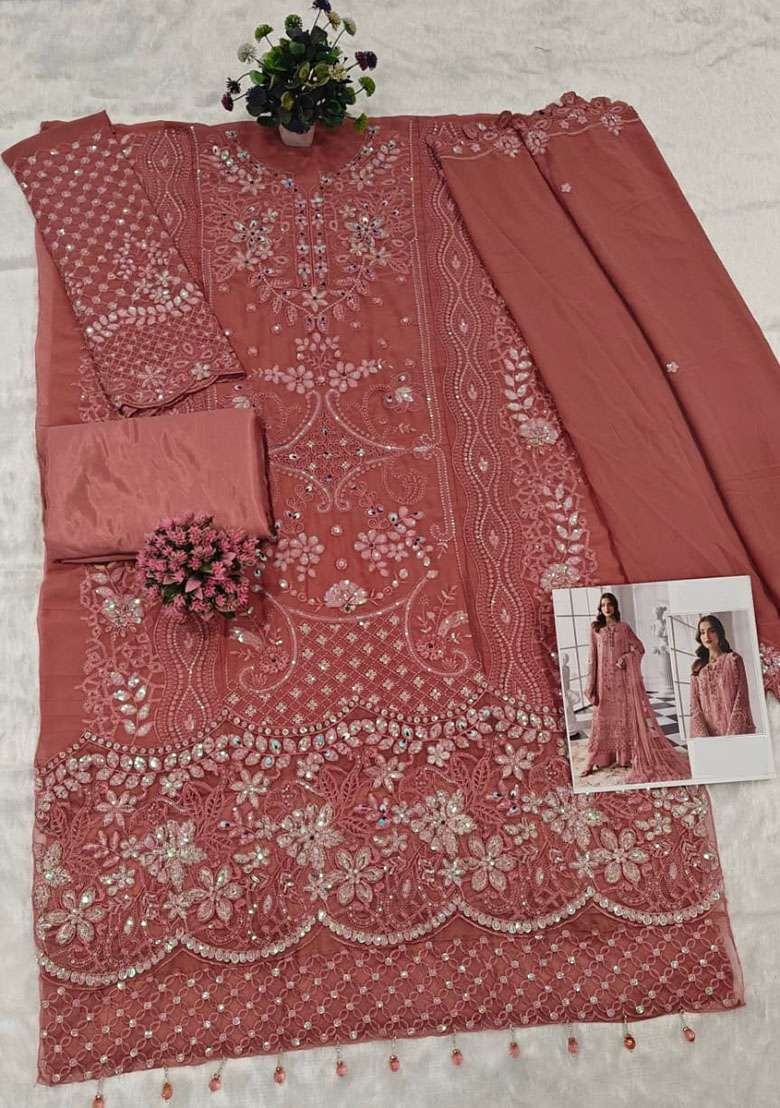 Baby Pink Embroidery Georgette Kurta Set - Indya