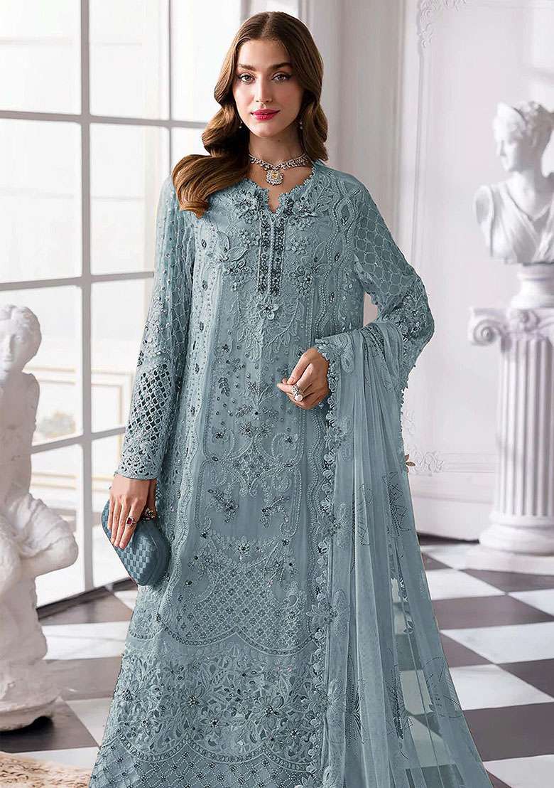 Light Blue Embroidery Georgette Kurta Set - Indya