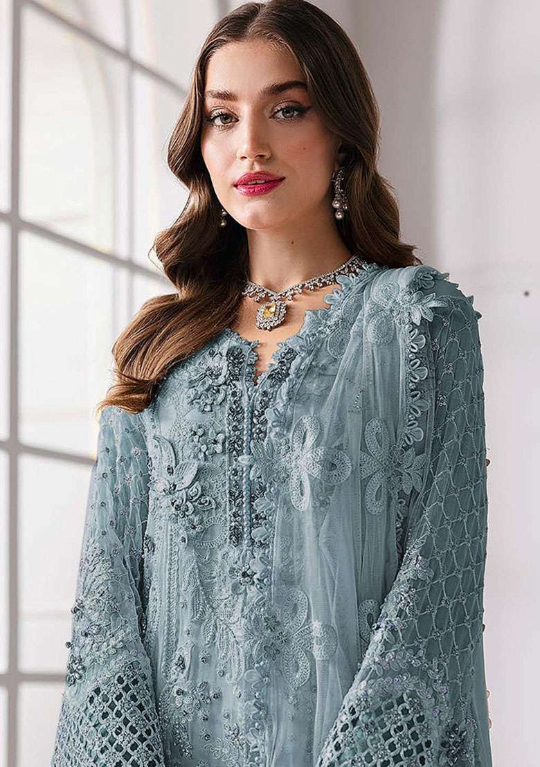 Light Blue Embroidery Georgette Kurta Set - Indya
