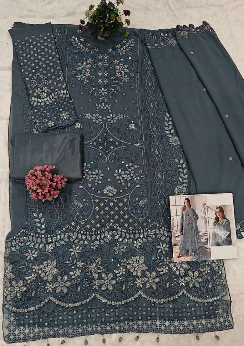 Light Blue Embroidery Georgette Kurta Set - Indya