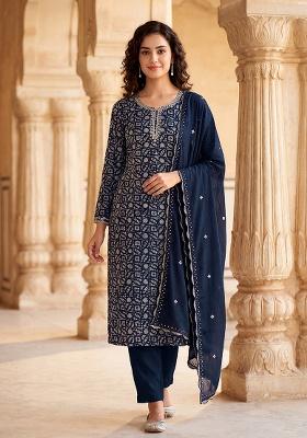 Blue Embroidery Silk Kurta Set