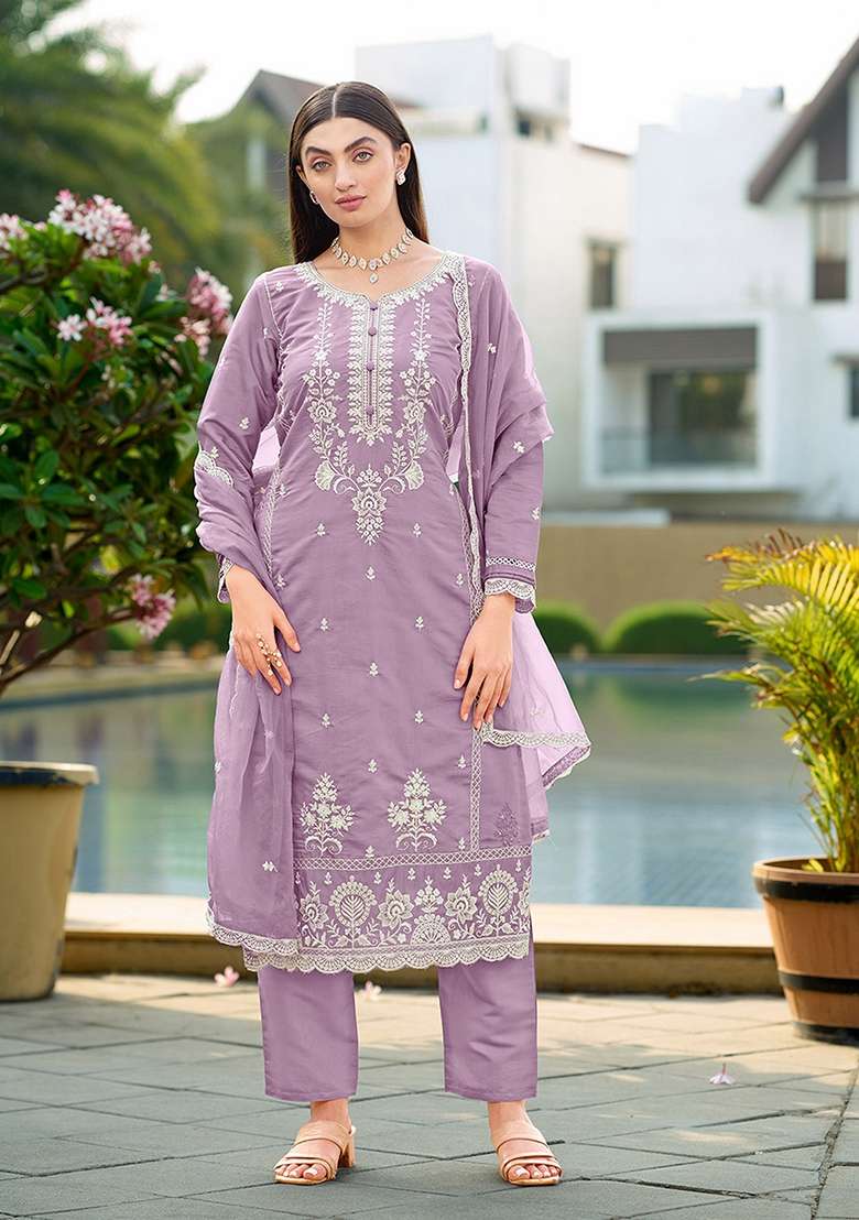 Lavender Embroidery Cotton Kurta Set - Indya