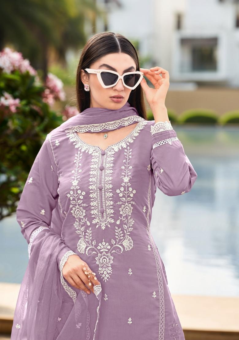 Lavender Embroidery Cotton Kurta Set - Indya
