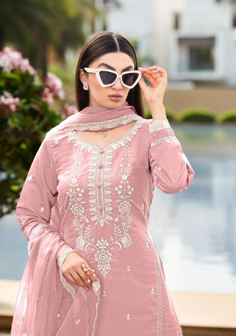 Purple Embroidery Cotton Kurta Set - Indya