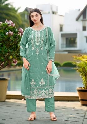 Green Embroidery Cotton Kurta Set
