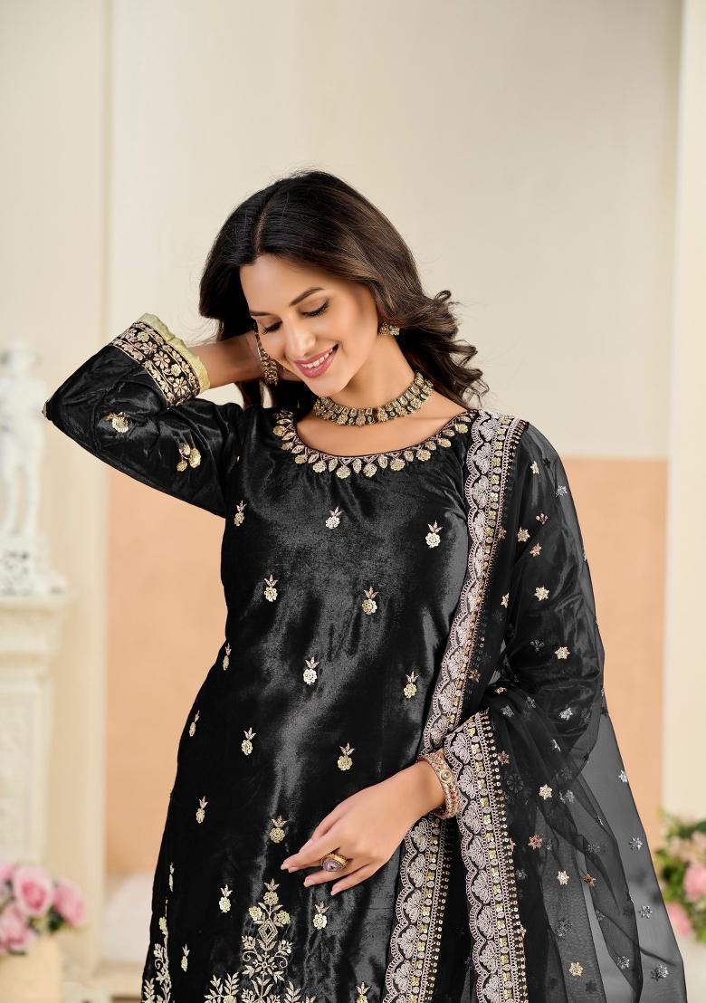 Black Zari Work Velvet Kurta Set - Indya