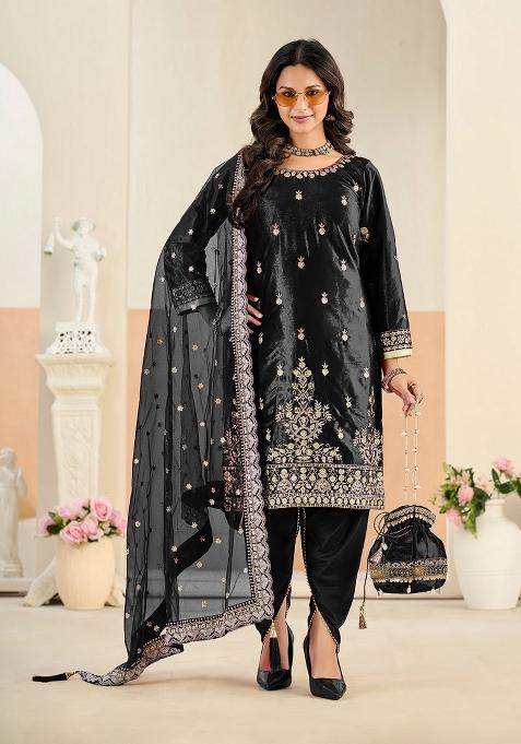 Black Zari Work Velvet Kurta Set