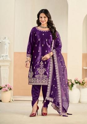 Purple Zari Work Velvet Kurta Set