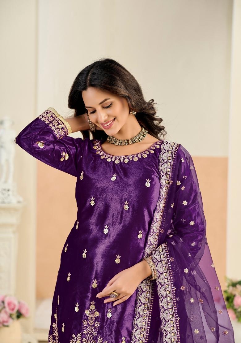 Purple Zari Work Velvet Kurta Set - Indya