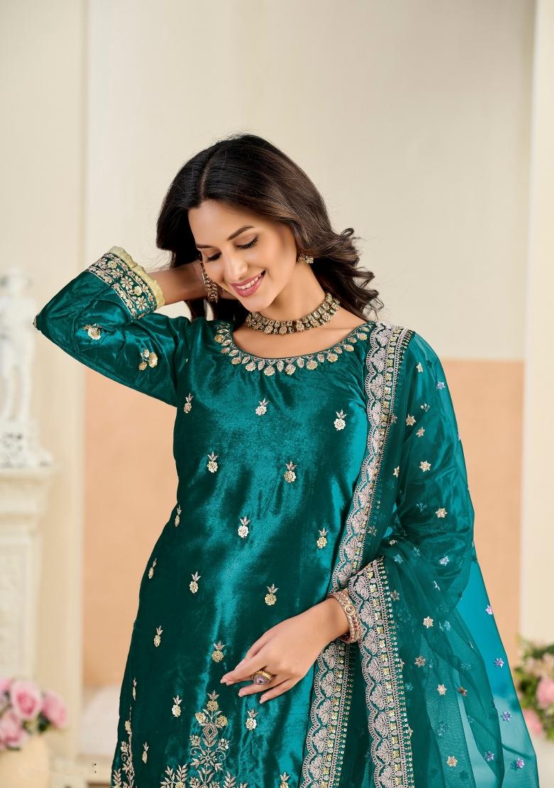 Green Zari Work Velvet Kurta Set - Indya