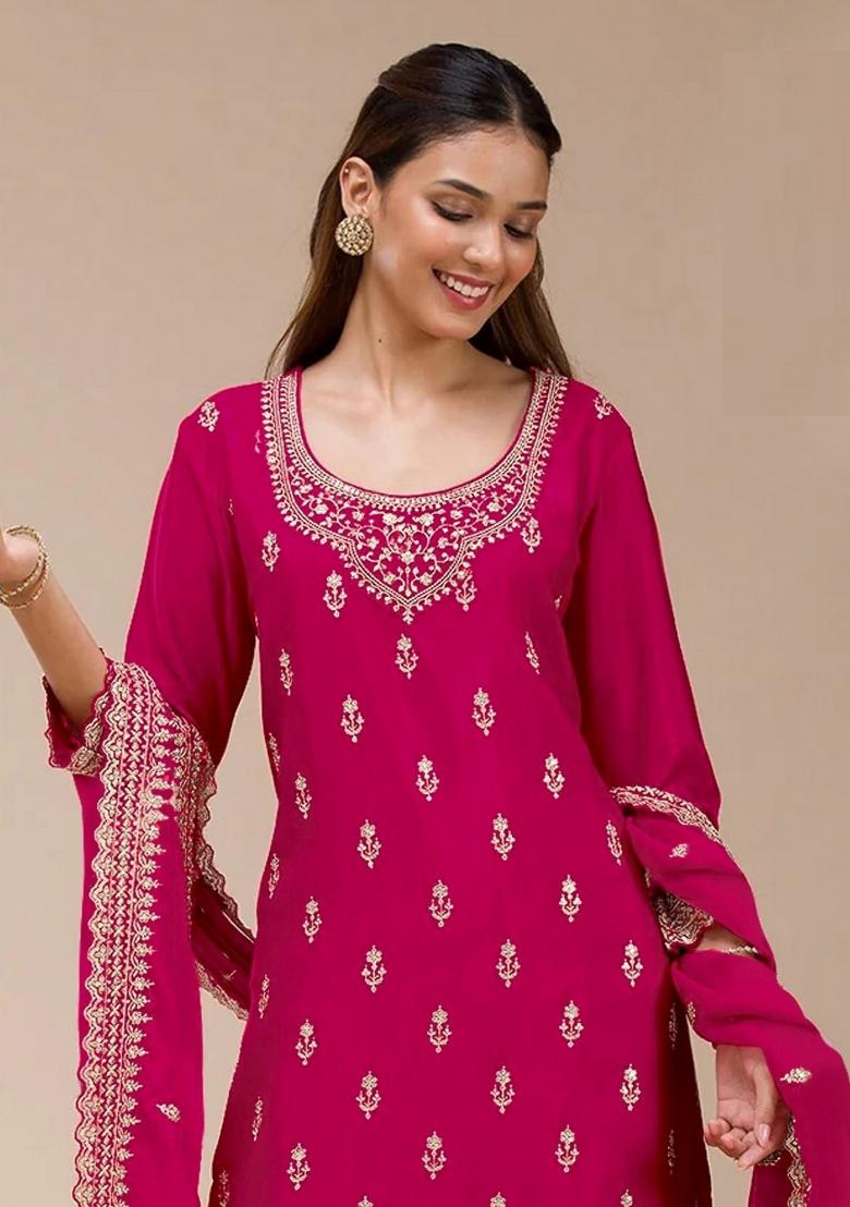 Pink Zari Work Georgette Palazzo Set - Indya