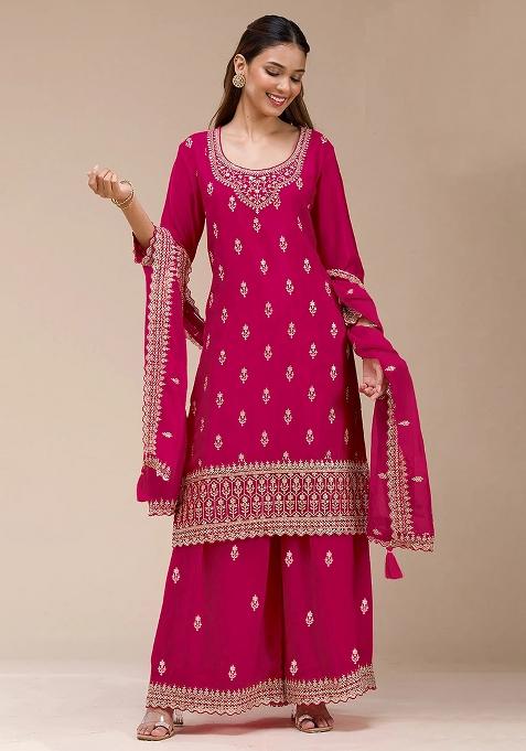 Pink Zari Work Georgette Palazzo Set