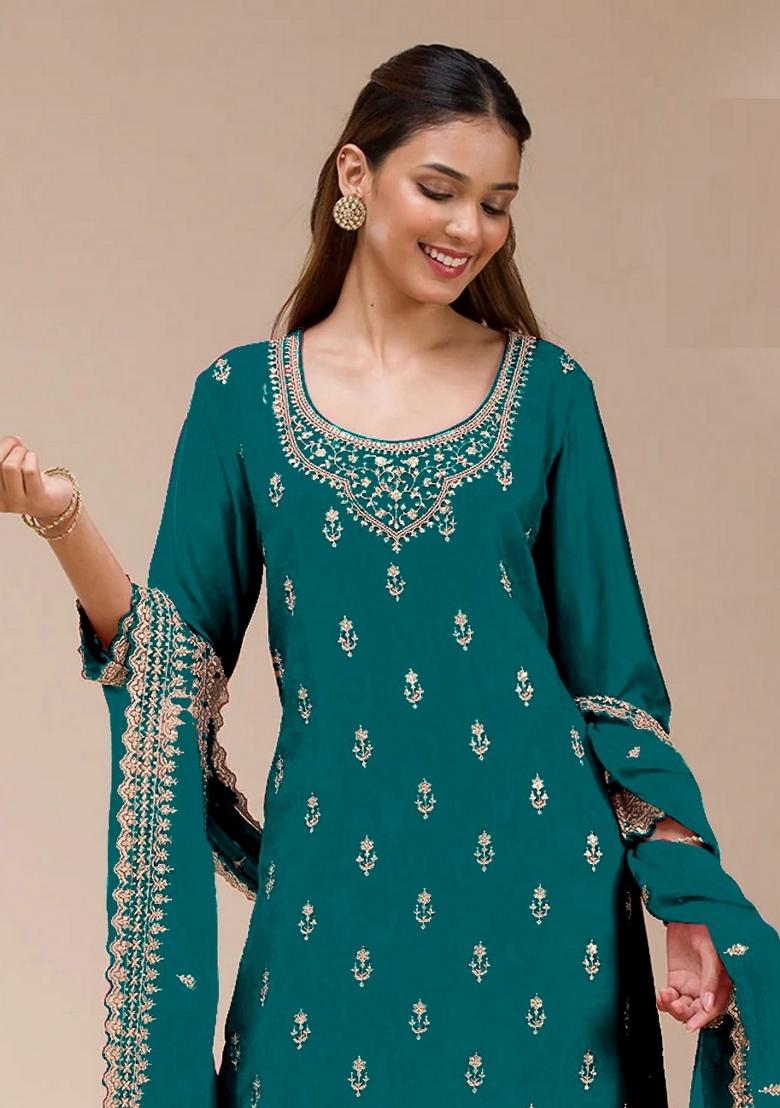 Green Zari Work Georgette Palazzo Set - Indya