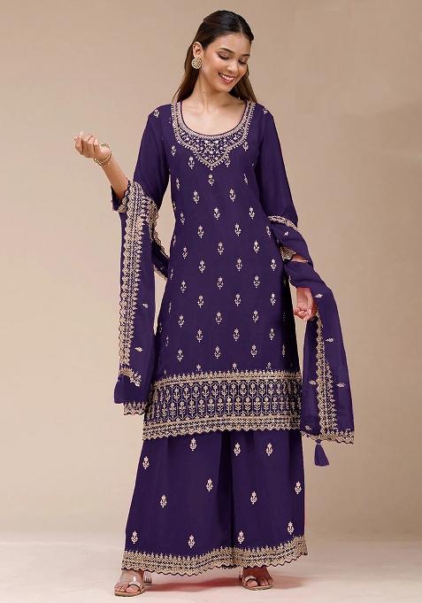 Purple Zari Work Georgette Palazzo Set