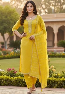 Mustard Embroidery Chanderi Kurta Set