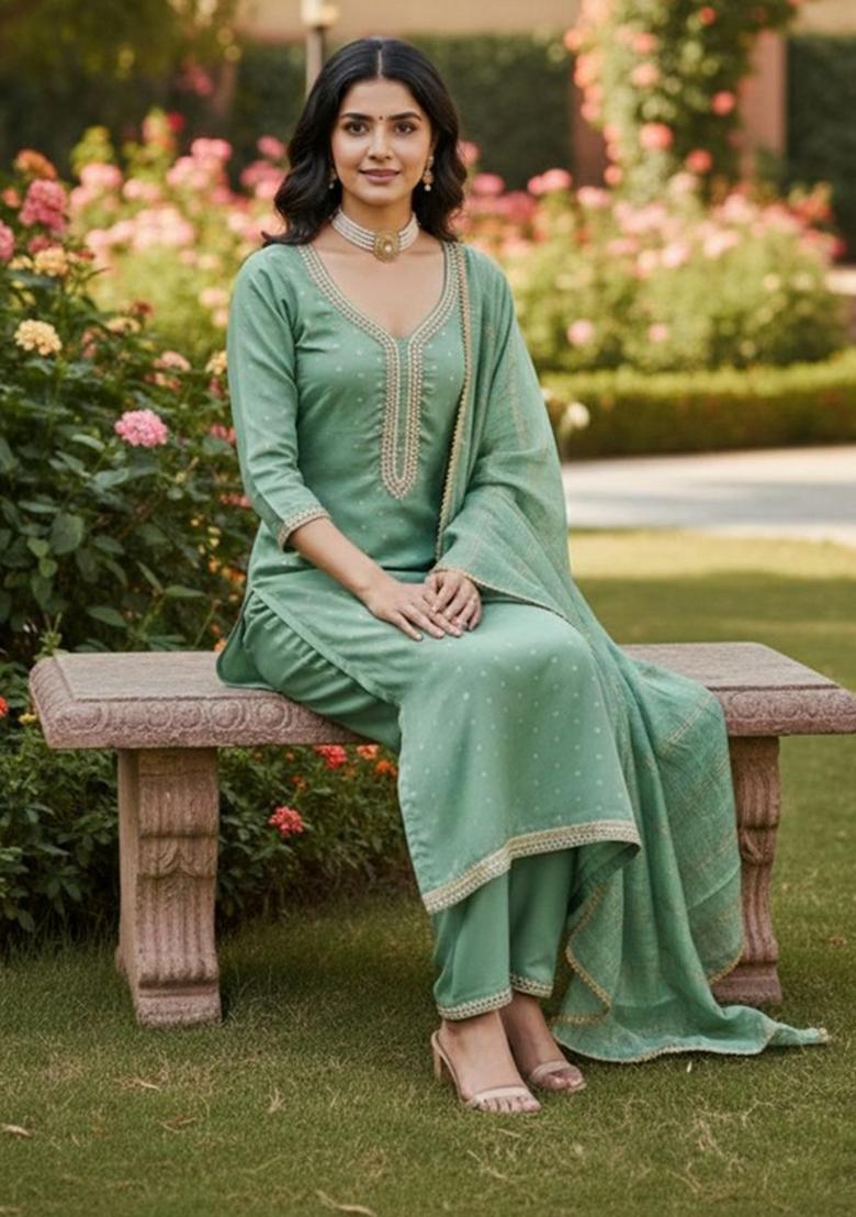Green Embroidery Chanderi Kurta Set - Indya