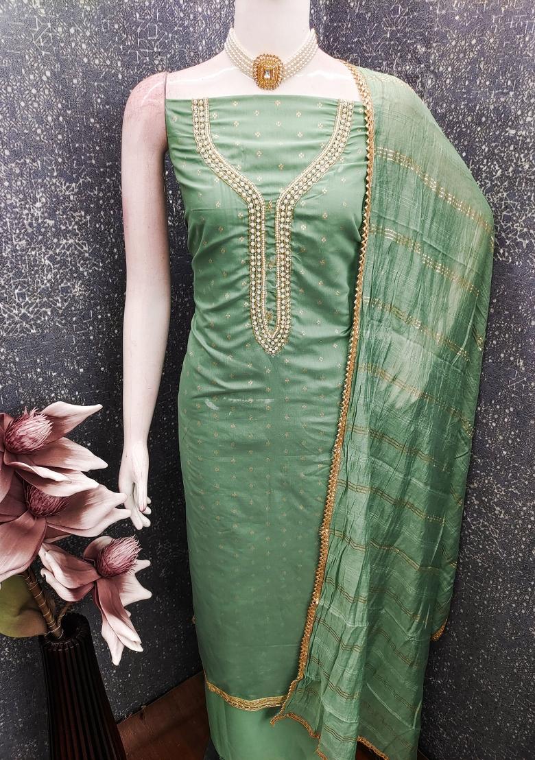 Green Embroidery Chanderi Kurta Set - Indya