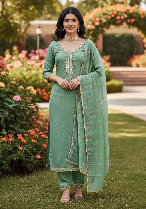Green Embroidery Chanderi Kurta Set