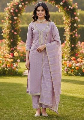 Purple Embroidery Chanderi Kurta Set
