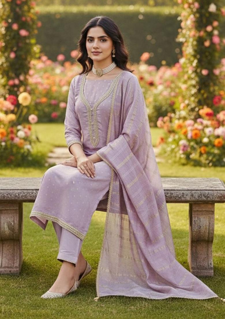 Purple Embroidery Chanderi Kurta Set - Indya