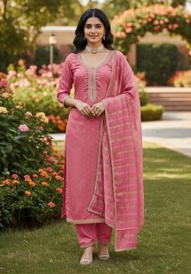 Pink Embroidery Chanderi Kurta Set
