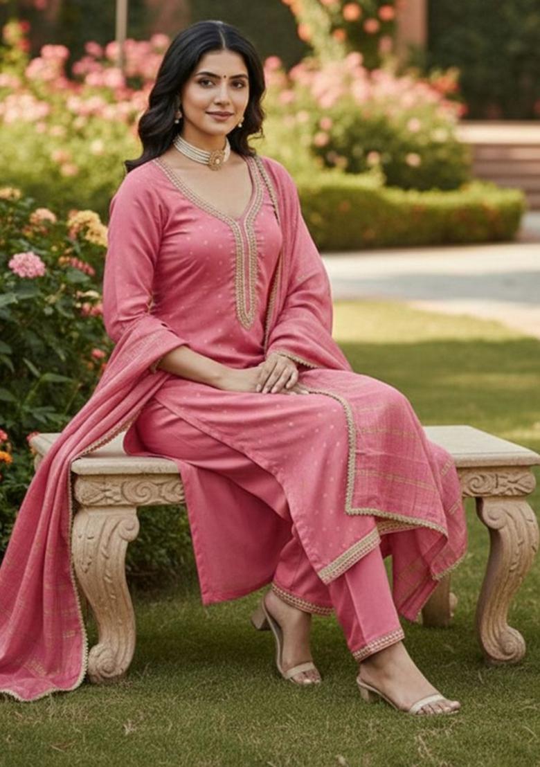 Pink Embroidery Chanderi Kurta Set - Indya