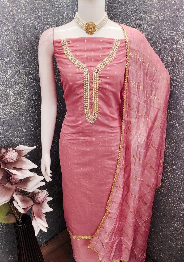 Pink Embroidery Chanderi Kurta Set - Indya
