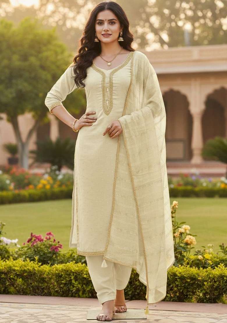 Off White Embroidery Chanderi Kurta Set - Indya
