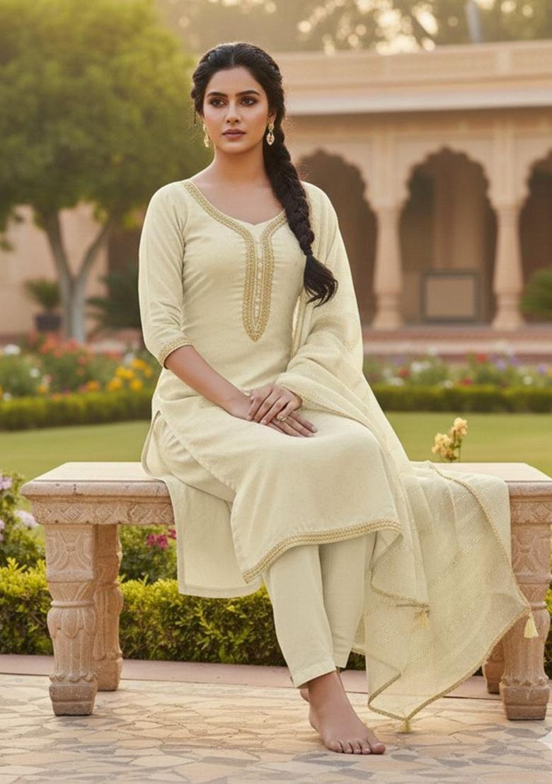 Off White Embroidery Chanderi Kurta Set - Indya