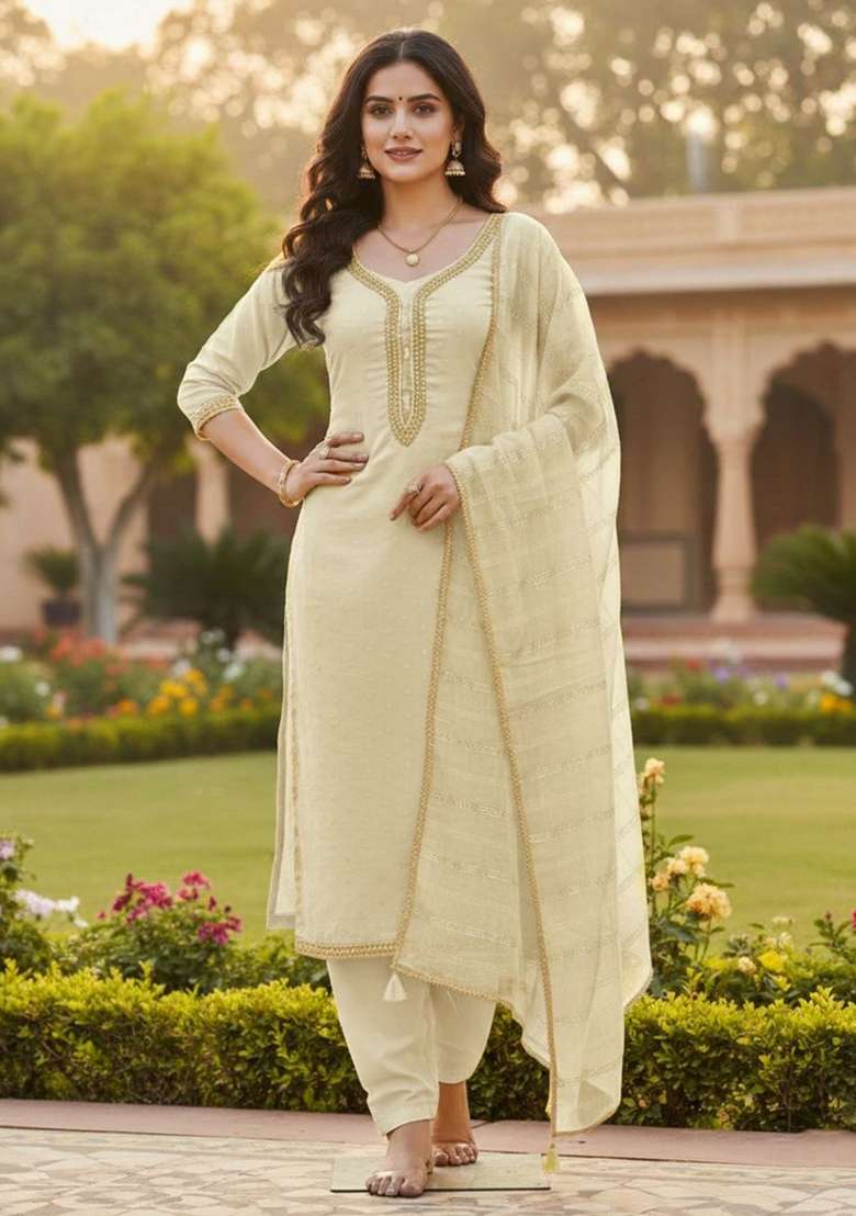 Off White Embroidery Chanderi Kurta Set - Indya