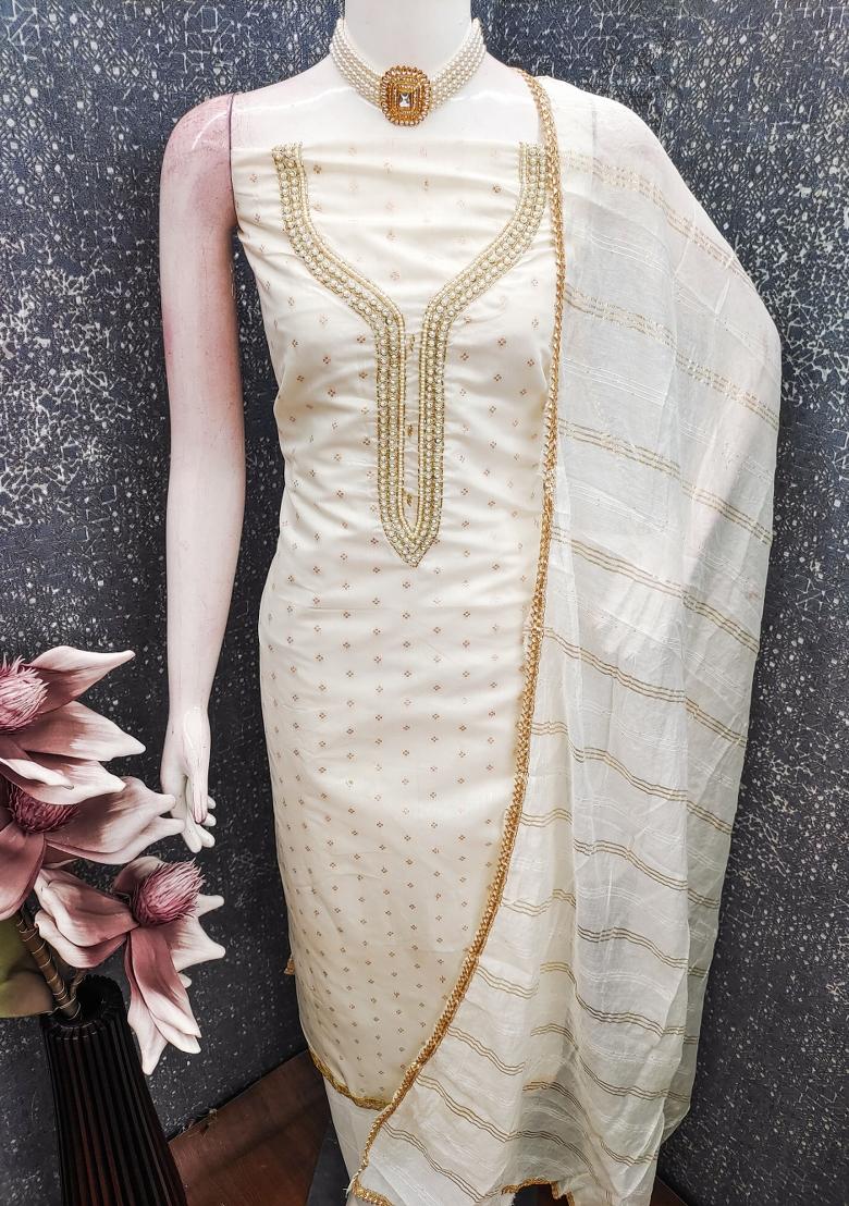 Off White Embroidery Chanderi Kurta Set - Indya