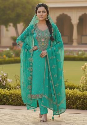 Sea Green Embroidery Chanderi Kurta Set