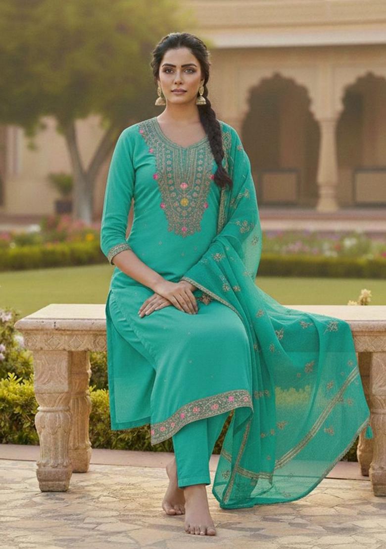 Sea Green Embroidery Chanderi Kurta Set - Indya