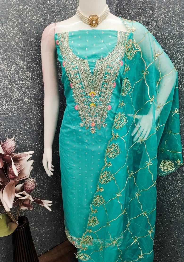 Sea Green Embroidery Chanderi Kurta Set - Indya