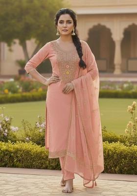 Pink Embroidery Chanderi Kurta Set
