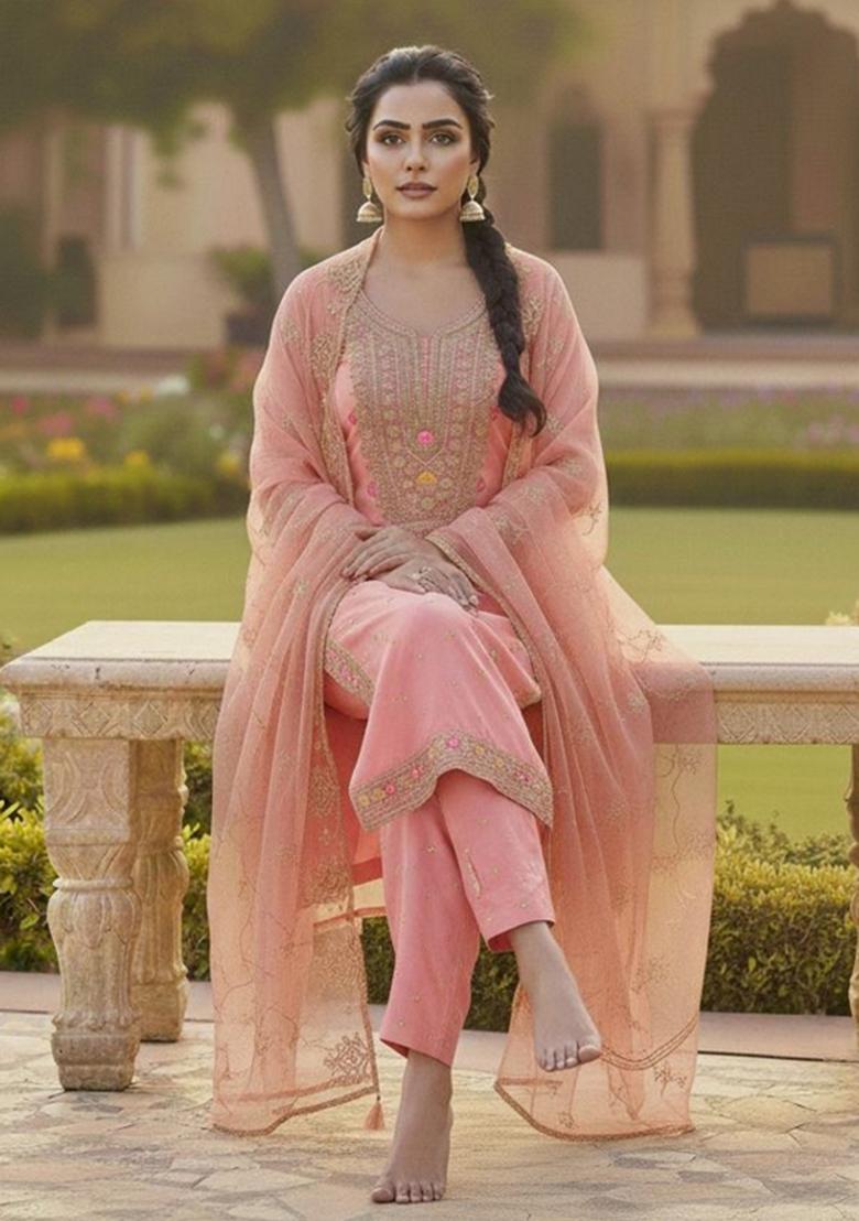Pink Embroidery Chanderi Kurta Set - Indya