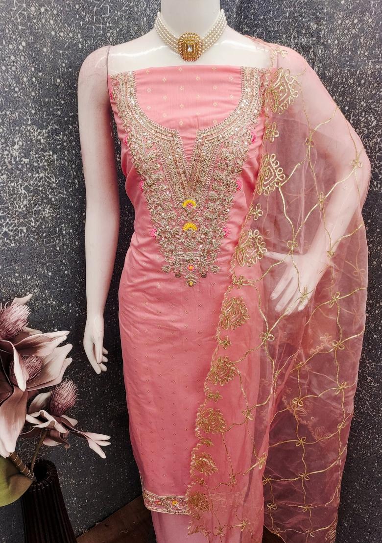 Pink Embroidery Chanderi Kurta Set - Indya