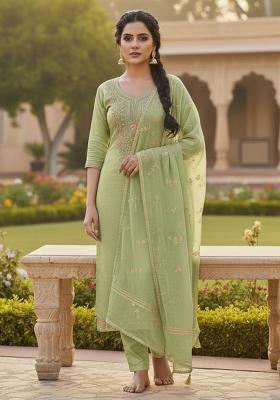Green Embroidery Chanderi Kurta Set