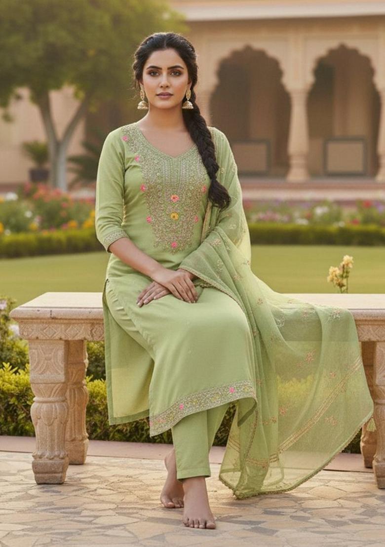 Green Embroidery Chanderi Kurta Set - Indya